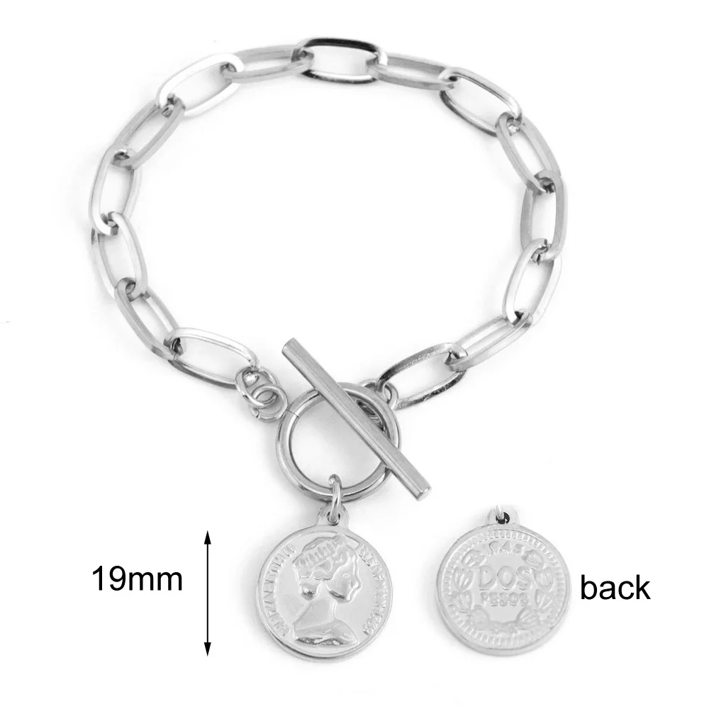 OT-19mmCoin-silver Модный женский браслет из нержавеющей стали, серебряный/золотой цвет, Т-образная полоска, плоская линия, овальная цепочка, женский браслет, Прямая поставка, ювелирное изделие - Окраска металла: OT-19mmCoin-silver