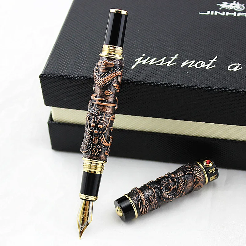 Jinhao, металлическая серая авторучка с двойным драконом, перьевая ручка иридиевая, средний перьевой наконечник, передовое ремесло, ручка для письма, подарочная ручка для бизнес-офиса выпускника