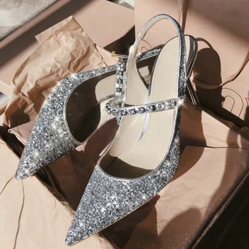 

Silver Sequins High Heel Pumps Crystal Bling Summer Pumps Slingback Pointed Toe Fashion Stilettos Slip On Shoes