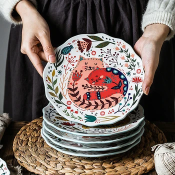 

Colorful Cat Dinner Plate Under-glazed Ceramic Dinner Dishes Dessert Tray Flower Kitten Dinnerware Microwave Safe 8 inch WF1016