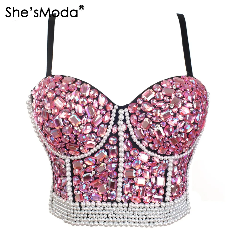 pink She'sModa, новинка, стразы, жемчуг, женский бюстгальтер, Рождество, бюстье, бриллианты, для ночного клуба, вечерние, укороченный топ, жилет размера плюс - Цвет: pink
