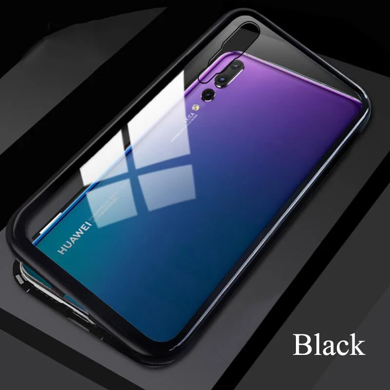 Магнитный адсорбционный металлический чехол для телефона huawei P30 P20 Pro Lite Nova 5 5i Pro 4E 4 mate 30, чехол из закаленного стекла на магните - Цвет: Черный