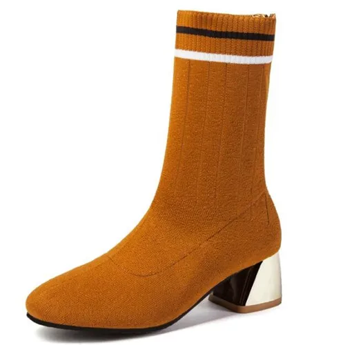 LZJ г. Женские черные сапоги до середины икры модные демисезонные растягивающиеся сапоги женская обувь на высоком массивном каблуке с круглым носком 5,5 см - Цвет: Коричневый