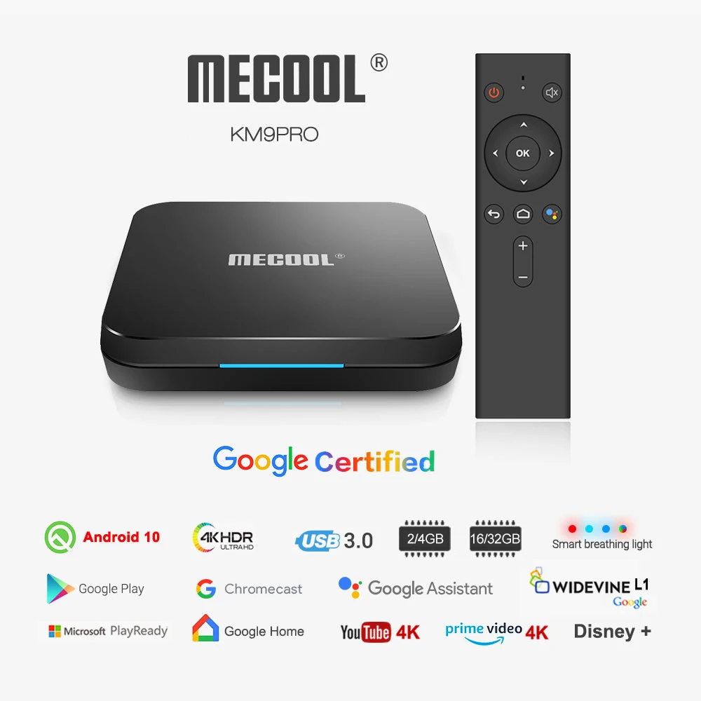 ТВ приставка MECOOL KM3 A Android TV сертификат Google 10 4 ГБ 64 9 0 KM9 PRO Гб 32 2 16 Amlogic S905X2 4K Wi