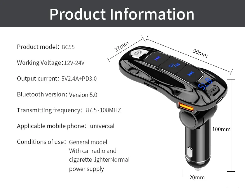 Bluetooth 5,0, fm-передатчик, беспроводная гарнитура, TF, автомобильная аудиосистема, музыкальный mp3-плеер 2.4A, для usb type-C, USB, быстрая зарядка, 3,0, автомобильный комплект