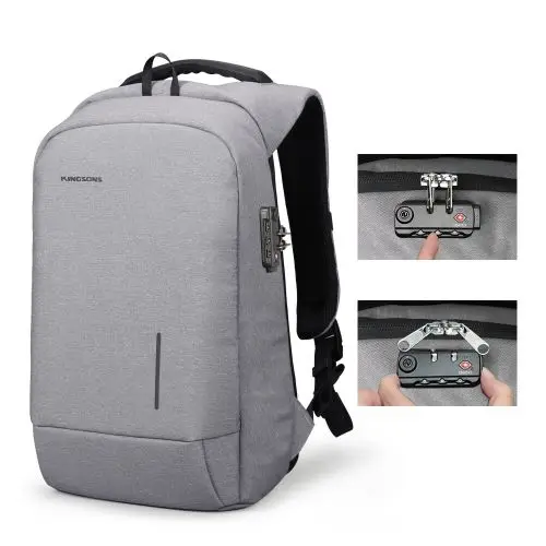 Light Gray Lock Kingsons новые модные рюкзаки Противоугонный замок рюкзак телефонный держатель на присоске сумки для ноутбука 1" 15" USB зарядные рюкзаки школьная сумка - Цвет: Light Gray Lock