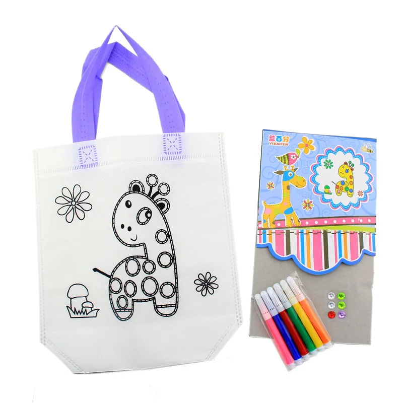 

Kindergarten Children Coloured Drawing Graffiti Nonwoven Fabric Bag Handmade DIY Blank Hand-Painted Eco-friendly Bag Template Co