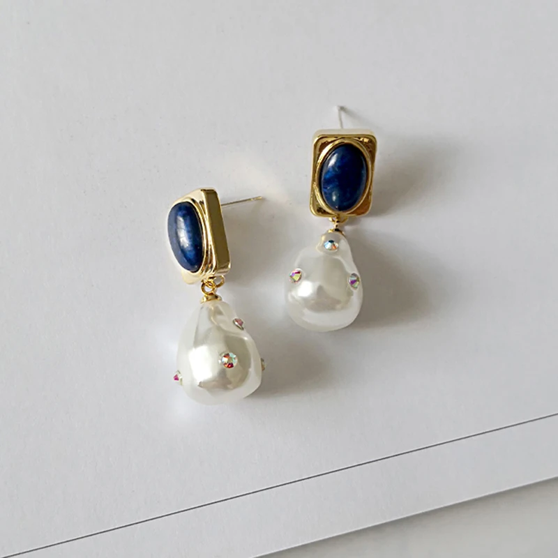 

Peri'sBox Faux Pearl Drop Earrings Embedded Lapis Lazuli Square Gold Earrings Embellished Small Rhinestone Dangle Earrings Women