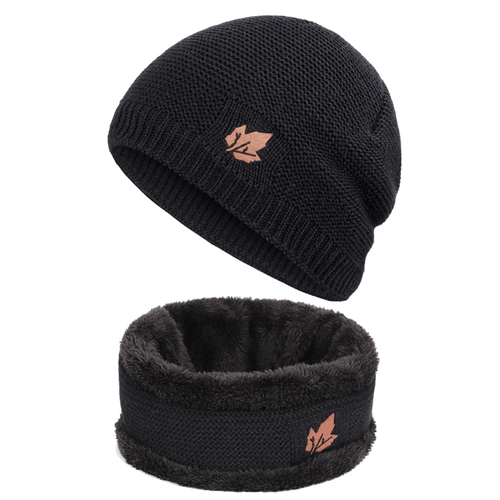 Черный Зимний теплый мужской женский Skullies Beanie+ мягкий шарф, комплект из двух предметов, толстая флисовая подкладка, вязаная однотонная шапка, шарф, набор для улицы z1212 - Цвет: Черный