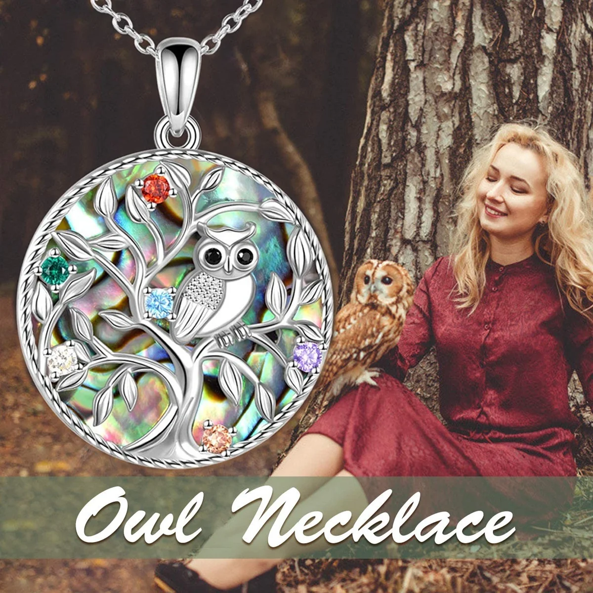 Silver Owl Tree of Life Abalone Shell Necklace for Women Girls Cute Bird Red Blue CrystalCubic Zirconia Pendant Jewelry Collares | Украшения