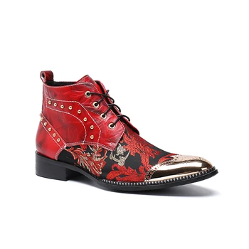 

lace-up Europe America pointed-toe flowers print ankle boots Red low heel rivet formal boots fashion Martin boots