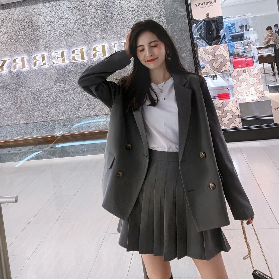 

Photo Shoot CHIC Elegant OL Gray Mid-length Double Breasted Drawstring Waist Hugging Small Suit Pleated Skirt WOMEN'S Suit
