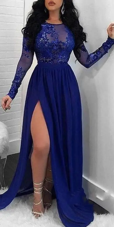 Королевское синее платье с длинным рукавом для выпускного вечера vestidos de gala вечерние платья с разрезом по бокам шифоновое Формальное женское вечернее платье