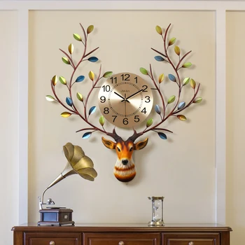 

Iron material European style deer head personalized wall clock metal pointer atmospheric living room wall hanging watch mute mov