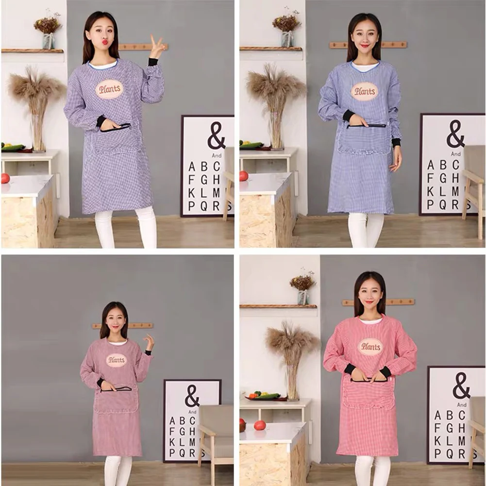 Women Long Sleeve Oil Proof Cotton Home Kitchen Cooking Clean Apron Pocket Smock Hairdresser Cartoon Hairdressing Soft Bib Tool