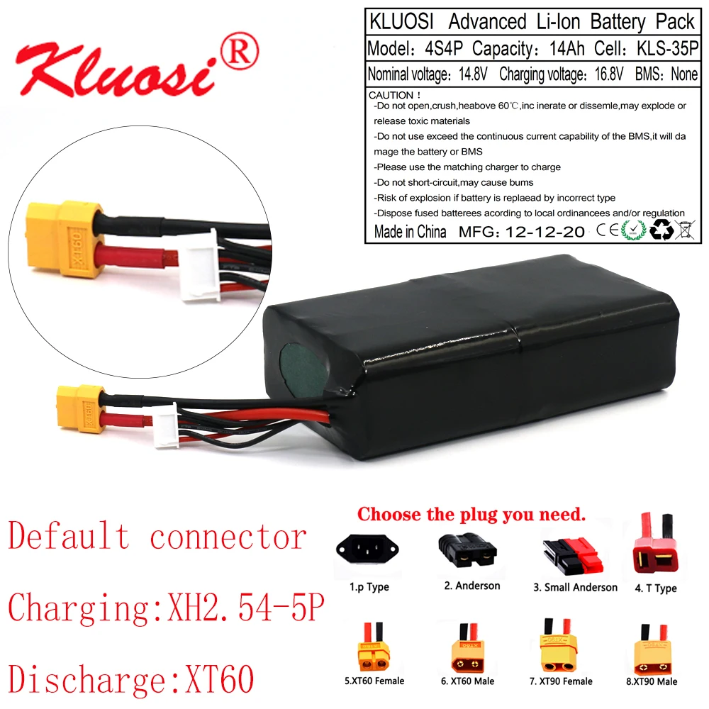 KLUOSI 16.8V Li-ion Battery 14.8V 14Ah 4S4P High Capacity UAV Rechargeable for Various RC Airplane Quadrotor Etc XH2.54-5P XT60