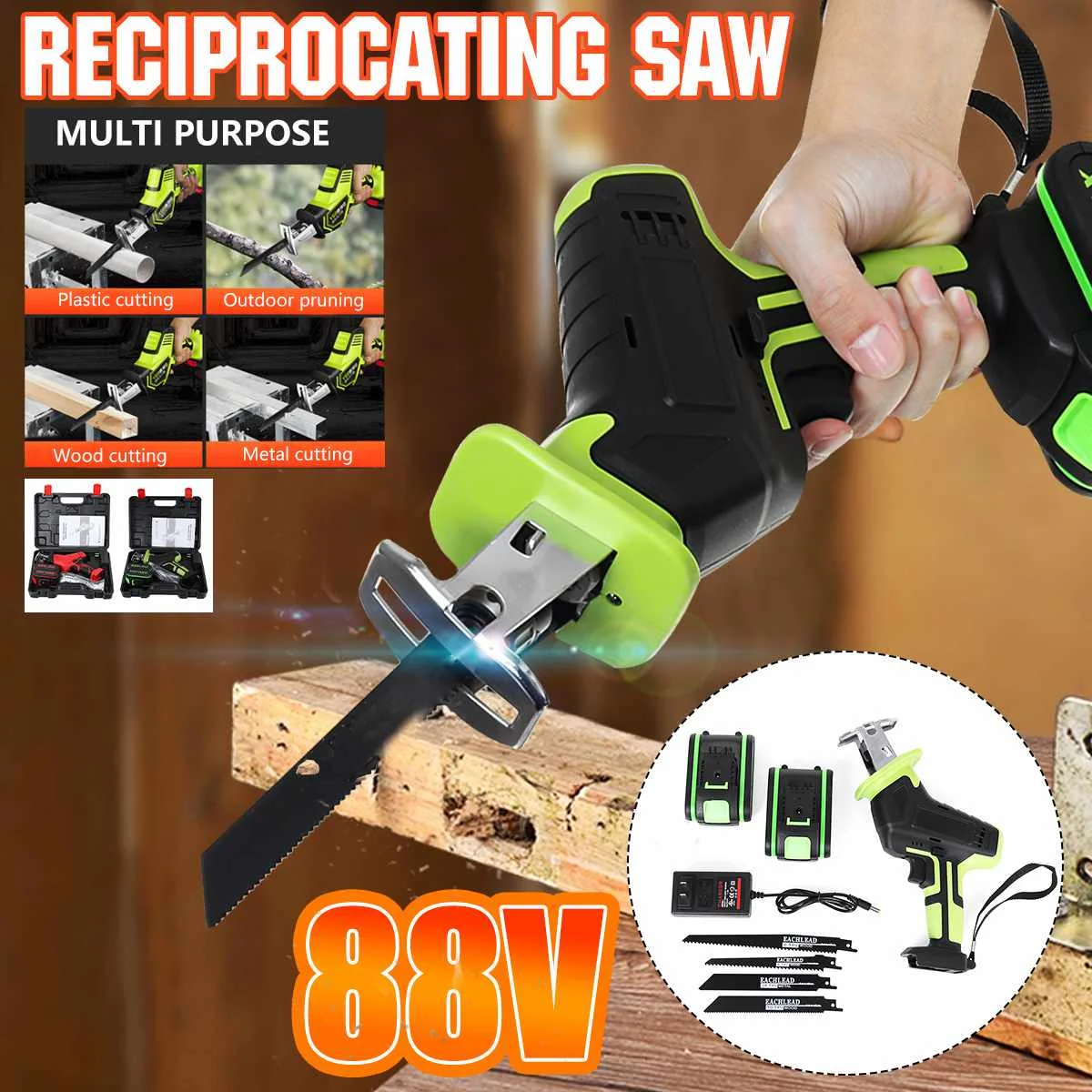 Doersupp 88V 2xBattery Cordless Reciprocating Saw Wood/Metal Cutting Saw Saber Saw Portable Electric Saw Rechargeable Power Tool