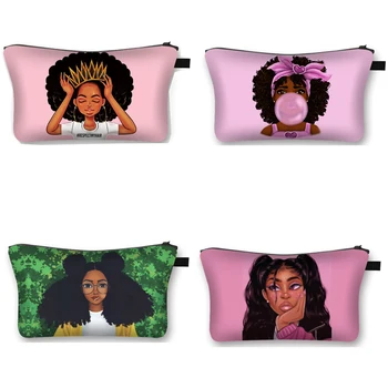 

cute afro girl print cosmetic case Africa women fashion makeup bag ladies toiletry bags female Travel organizer make up bags