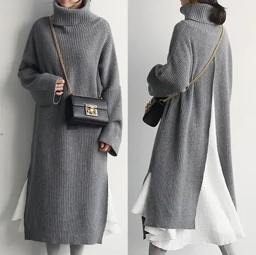 

Women Winter Korean Style Back Slit Cozy Midi Turtleneck Warm Knitted Sweater Dress Robe Pull Hiver Femme Sukienki Jurken LM71