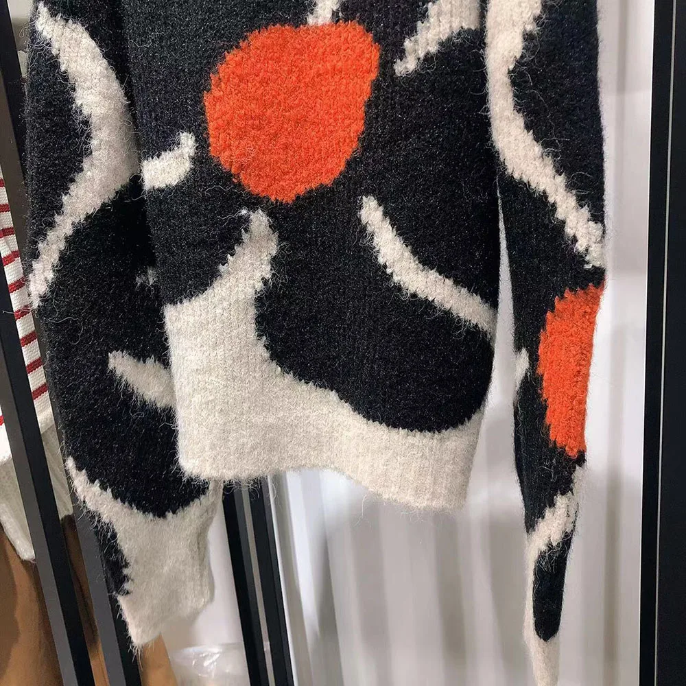 cardigan sweater Ladies Round Neck Mohair Blend Intarsia Knitted Long Sleeve Sweater Pullover Jumper Top oversized sweaters