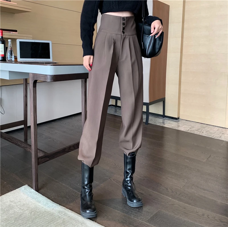 khaki pants YUANYUANJYCO Spring Autumn Women Long Casual Harem Pants Korean Style Fashion High Waist Buttons Khaki Black Cargo Trousers black cargo pants