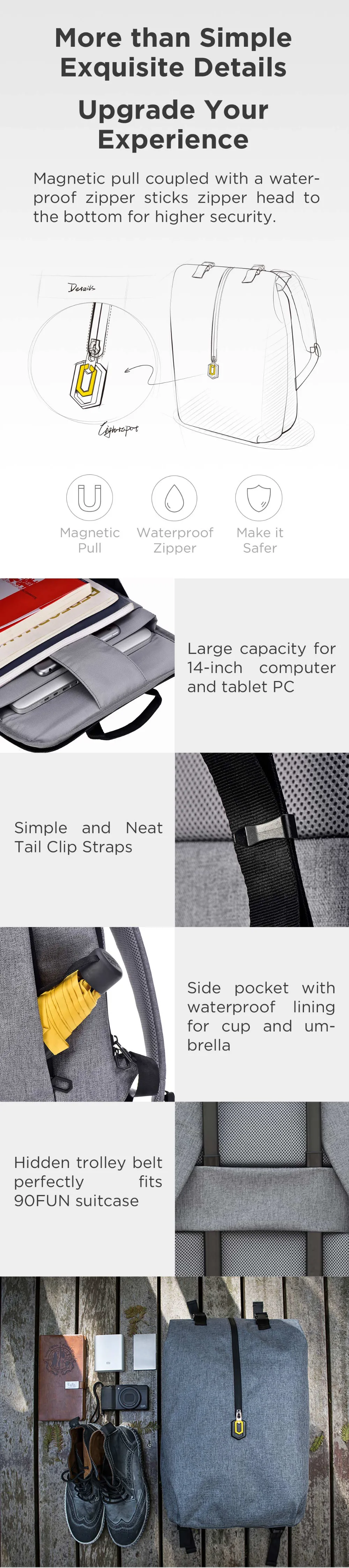 Xiaomi 90FUN Leisure Backpack 14 inch Laptop Bag Outdoor Sports Daypack Light Weight Water Resistant men women Large Capacity