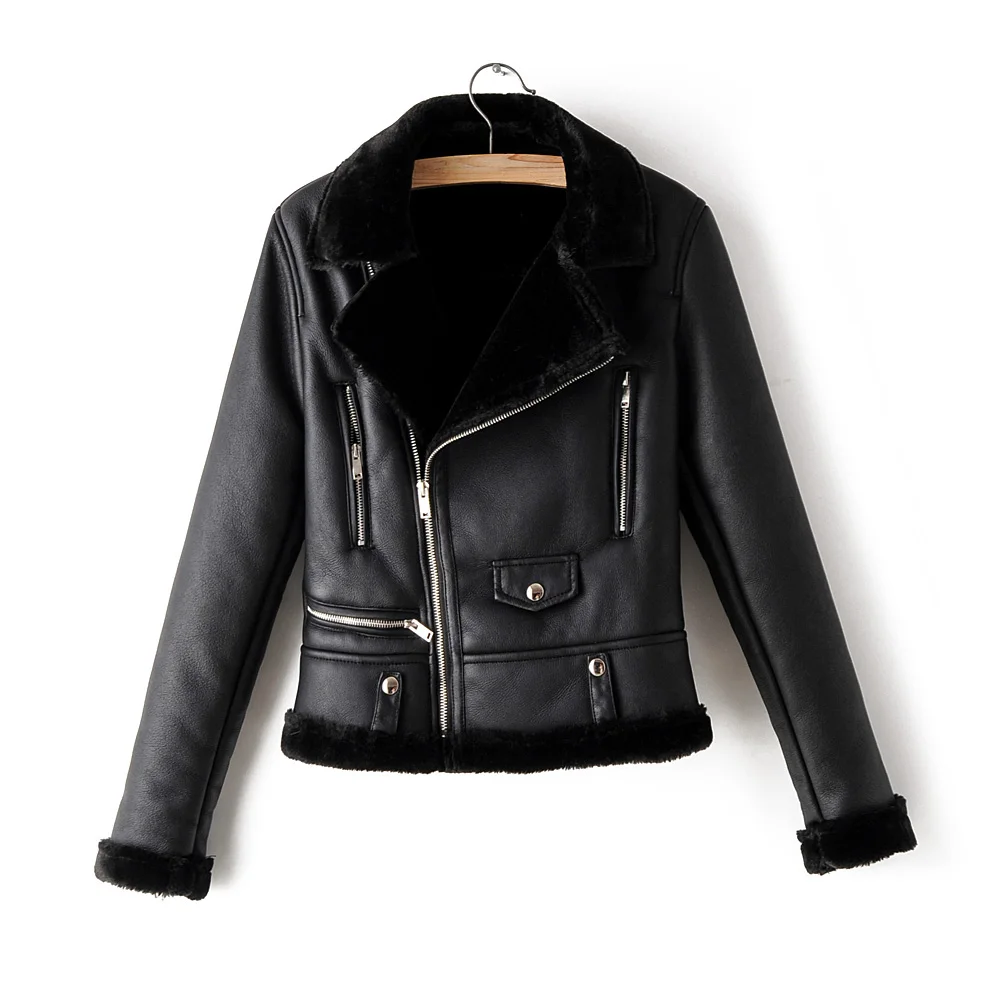astounding Thick warm black PU leather jacket ladies winter coat zipper motorcycle jacket street clothing warm