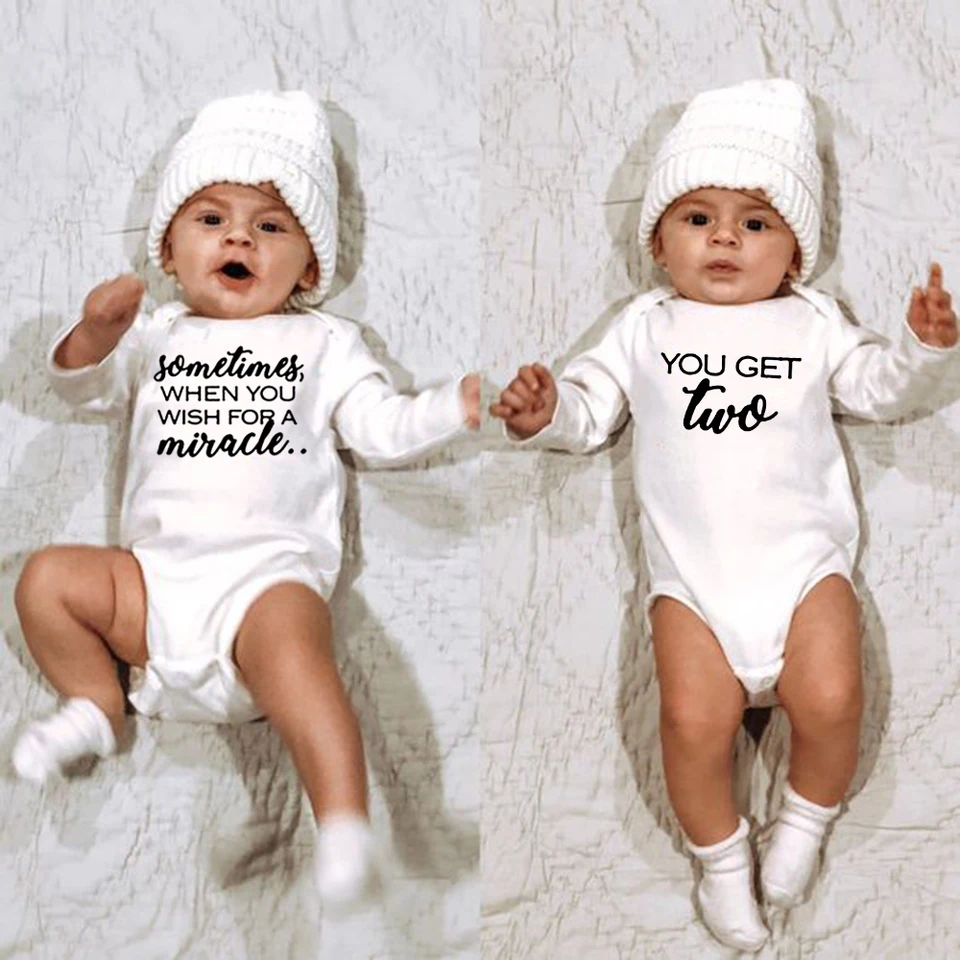 DEFAHN Funny Twins Baby Bodysuits Boys Girls Rompers 2 Pack Twin Matching Clothes Outfits For Newborn Infant (TWIN 01 02, 3-6 Months