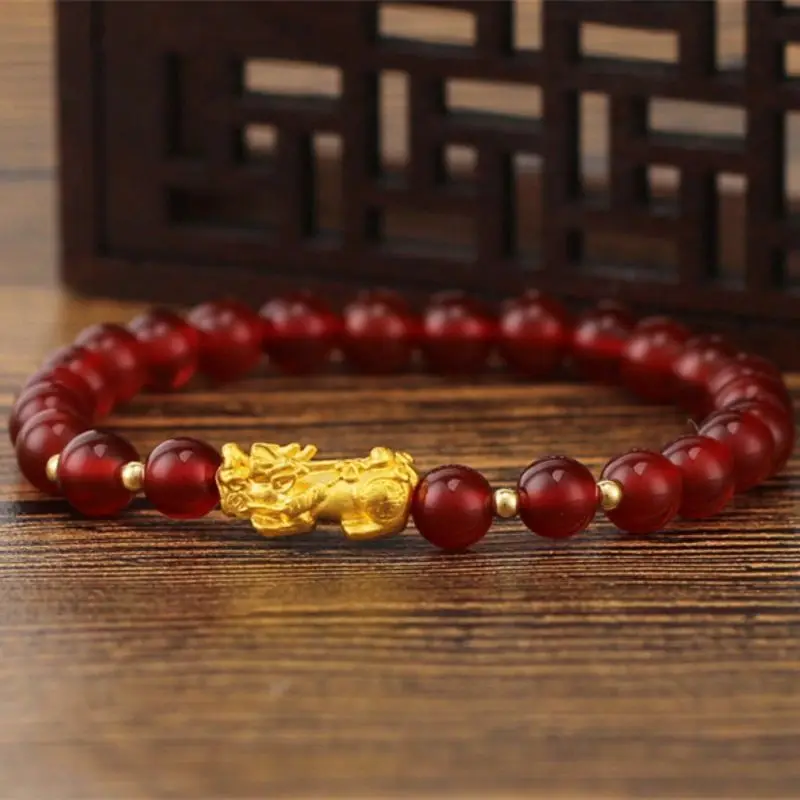 Настоящее 24K желтое золото 3D Pixiu красный агат 18K желтое золото звено из бисера женский браслет 6,3 дюйма