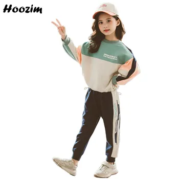 

Spring Sport Suit For Girls 4-12 Age Colorblock Drawstring Hem Long Sleeve T Shirt+Letter Trousers Set Kids Cute Child Tracksuit