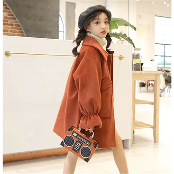 

2019 Winter Female Girls Long Jackets Kid's Outerwear Clothes Toddler Children Clothes Casual Turn-down Collar Solid Woolen Coat
