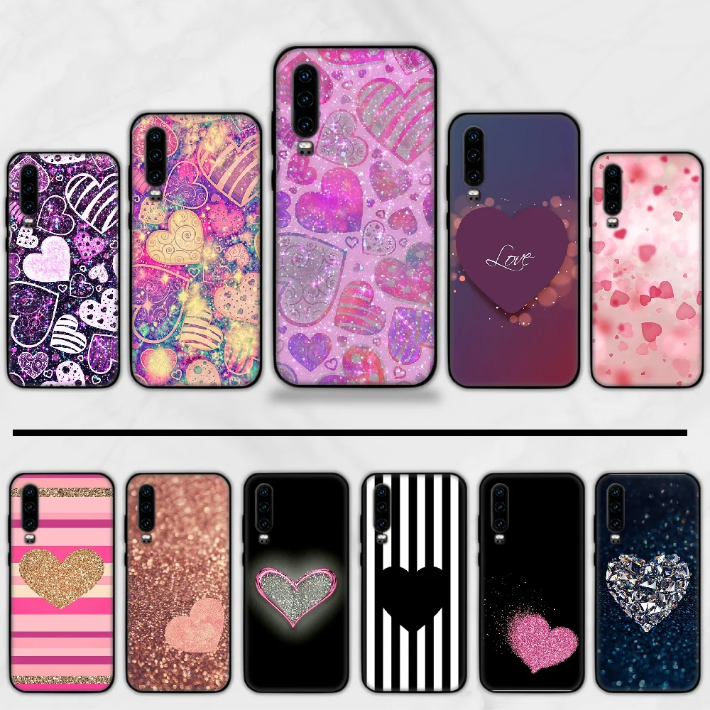 

love heart Pink shiny luxury Black Phone Case Cover Funda For Huawei P9 P10 P20 P30 Lite 2016 2017 2019 plus pro P smart