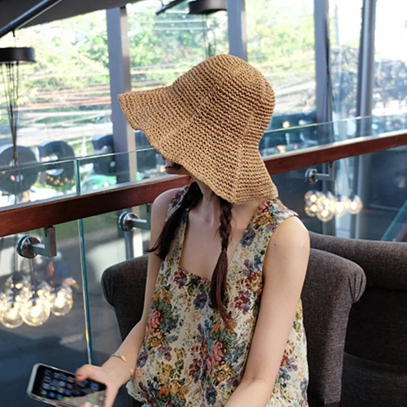 

Summer Travel Large Brimmed Straw Hat Korean-style College Style Hat Beach Hat Bucket Hat Women's Bucket Hat Foldable Versatile