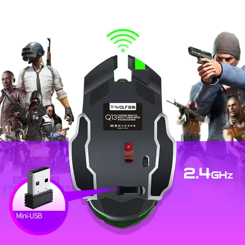 Q13 2 4GHz Wireless Mouse LED Rechargeable Silent Backlight Game 2400DPI Mouse E65A 2