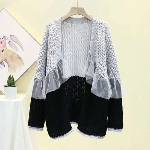 Neploe корейский контрастный цвет вязаный кардиган кружева марлевые патч свитер с оборками Плюс Размер Пальто Толстая Длинная трикотажная куртка 54626 - Цвет: gray