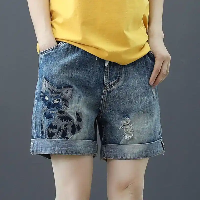 elastic waist ripped denim shorts