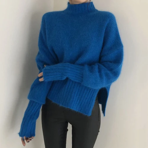 blue Neploe шикарный крест дизайн Pull Femme Hiver Водолазка пуловер фонарь длинный рукав сплошной свитер Сумасшедший стиль Вязаный Sueter 46718 - Цвет: blue