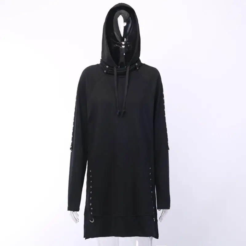 

Gothic Oversized Iron Ring Pullover Hoodie Women Split Loose Black Hooded Sweatshirt Long Sleeve Goth Casual Moto 2019 Clothing