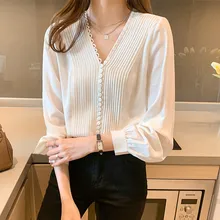 

Korean Blouse Women Chiffon Blouses Women Long Sleeve Button Ladies Tops Woman White Shirt Woman V-Neck Shirts Pleated Blouse