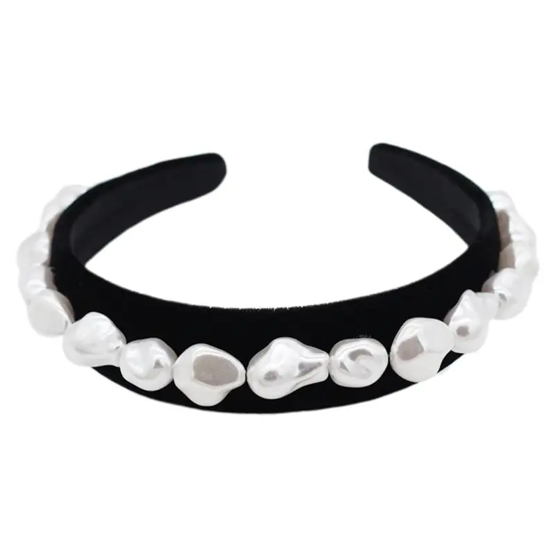 Retro Baroque Irregular Faux Pearl Embellished Headband Black Velvet Cloth Wrapped Wide Hair Hoop Jewelry Palace 3