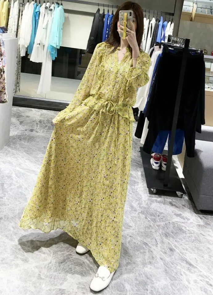 

Women Dress Autumn and Winter New Yellow Small Floral Lotus Leaf Stand Collar Long Sleeve Women's Dress