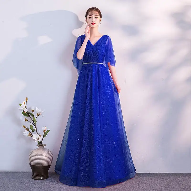 Белое платье невесты с v-образным вырезом, банкетное длинное платье Cheongsam, Восточное женское свадебное платье, элегантное бальное платье, одежда Vestido XS-XXXL - Цвет: Синий