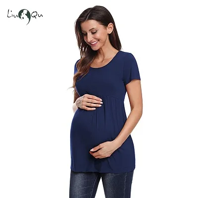 pic Premama/Одежда для беременных в полоску с коротким рукавом; рубашка для беременных; свободная туника; плиссированные летние топы для беременных - Цвет: pic