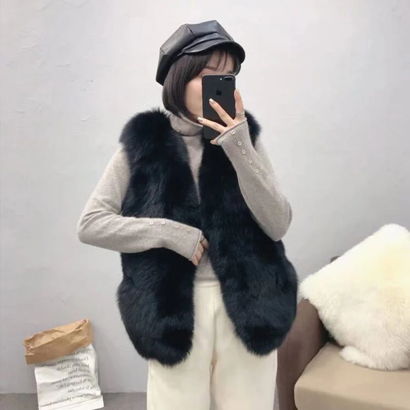 Faux Fur Coat Autumn Winter Women Fashion Casual Warm Slim Sleeveless Pockets Faux Fox Fur Vest Winter Jacket Women - Цвет: Черный