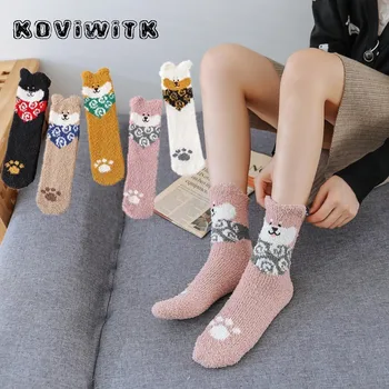 

Cartoon Coral Velvet Bear Thickning Socks women cotton Lovely Plush Harajuku Warm Thick sock lady funny cute Female kawaii sox
