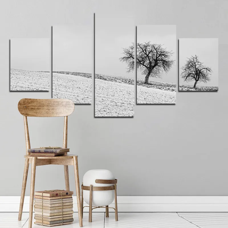 

Scenery Painting 5pcs White Snow And Tree Poster Decoration Irregular Waterproof Ink Canvas Painting Home Decoration