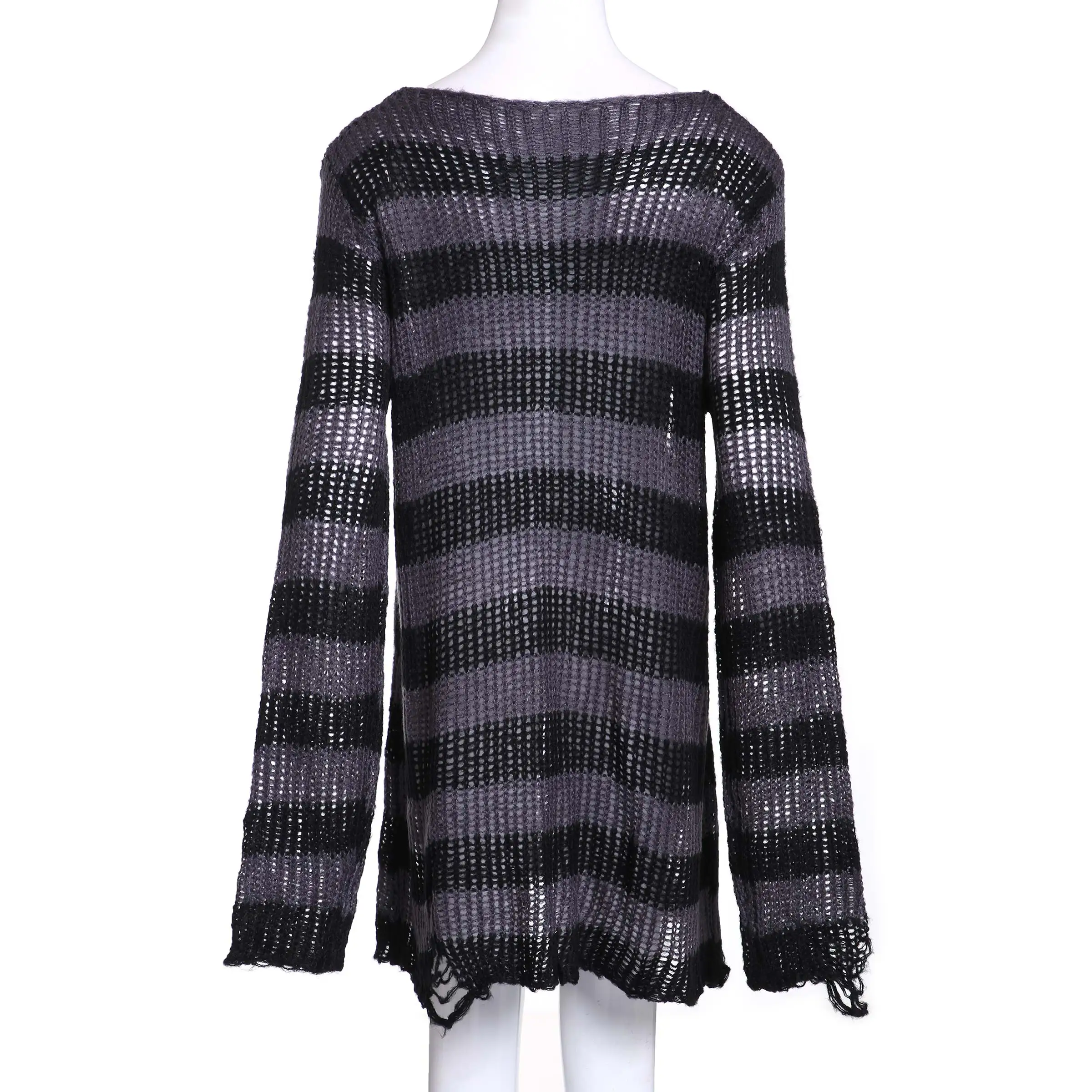 Женский свитер, готический вязаный свитер, женские длинные пуловеры, полосатые свободные зимние рваные свитера размера плюс, джемперы