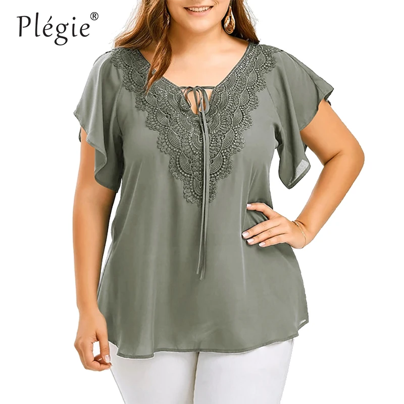 Patchwork Shirt Blouses Short-Sleeve Womens Tops Lace Blusas Plus-Size Femininas Plegie
