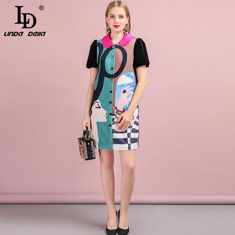 Многоцветный LD Linda della осеннее женское платье модный Дизайнерский Костюм короткий рукав декорированный изящными кристаллами печатных элегантный тонкий мини женское платье es - Цвет: Многоцветный