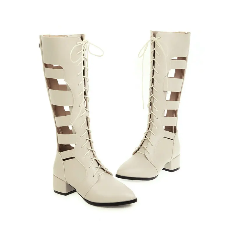Женские сапоги до середины икры; chaussure boots; сапоги-гладиаторы из искусственной кожи на среднем каблуке; обувь с вырезами на шнуровке; женская обувь; zapatos mujer sapatoH809